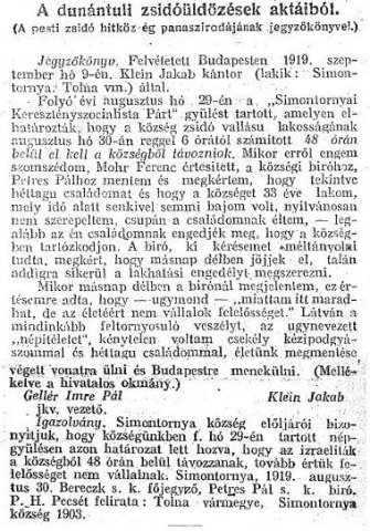 Részlet a :„A dunántúli zsidóüldözések aktáiból.” c. cikkből (Forrás: Egyenlőség, 1919. 09. 25., 3. o.)
